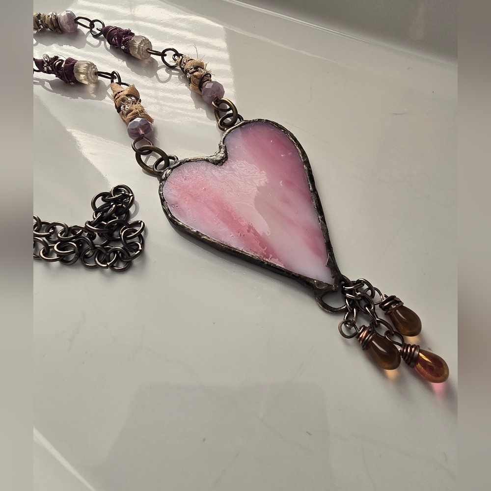 Soldered Heart Lavendar And Cream Heart Mixed Media Heart Necklace